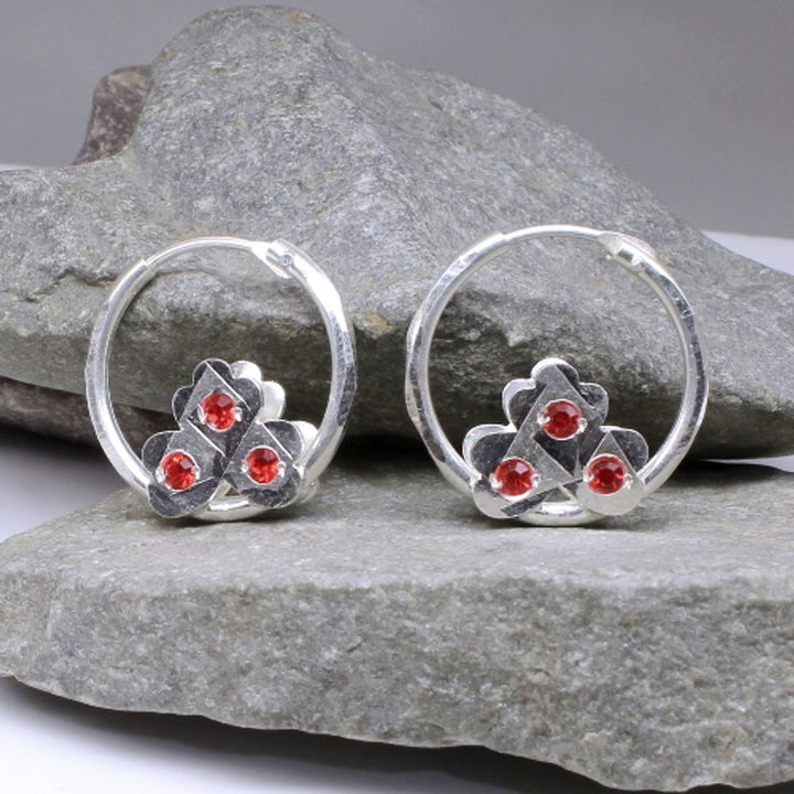 Indian Tribal pure sterling silver hoop hinged earrings for women - red stone