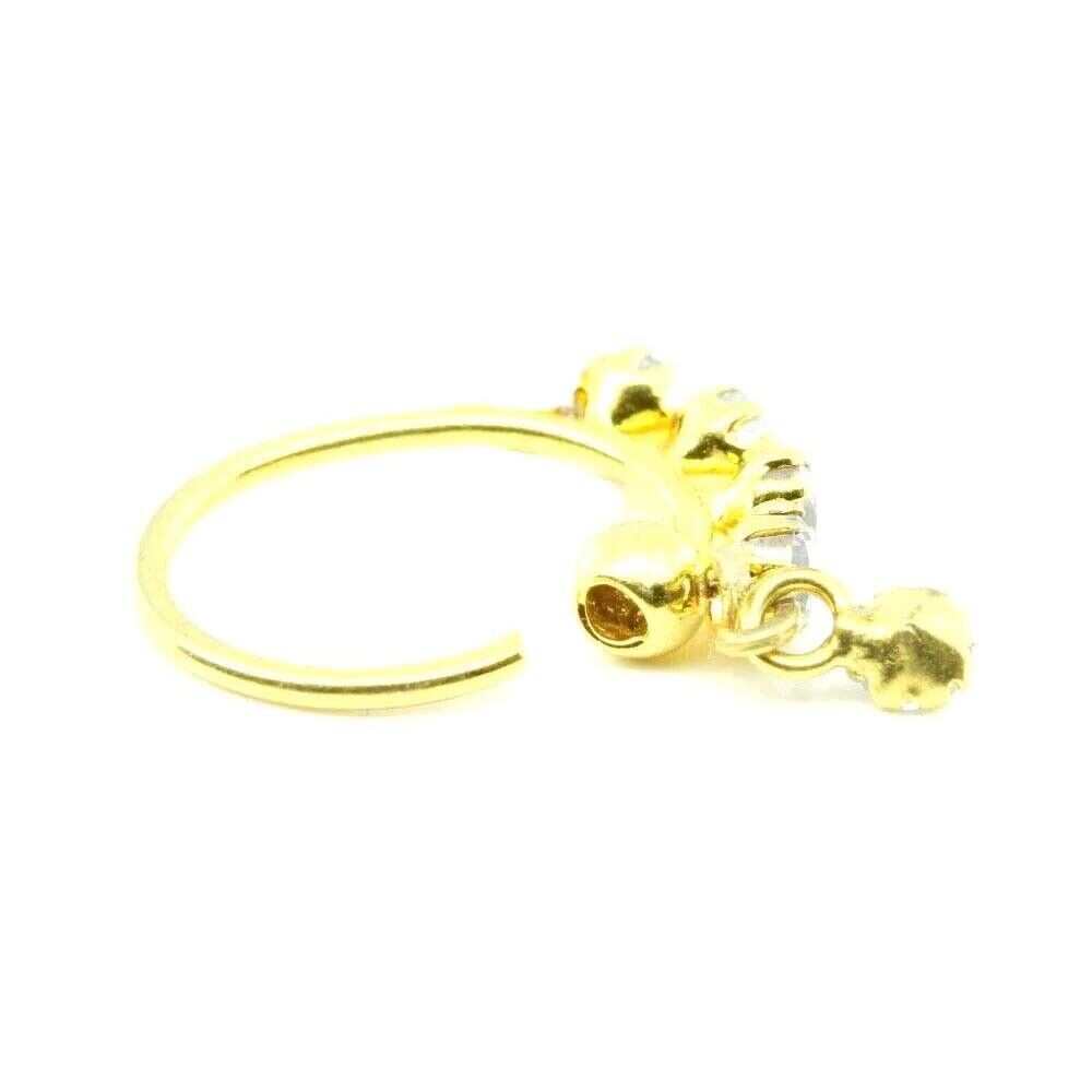 Lovely 5 White CZ Studded Nose Hoop Ring 14k Solid Yellow Gold 22g