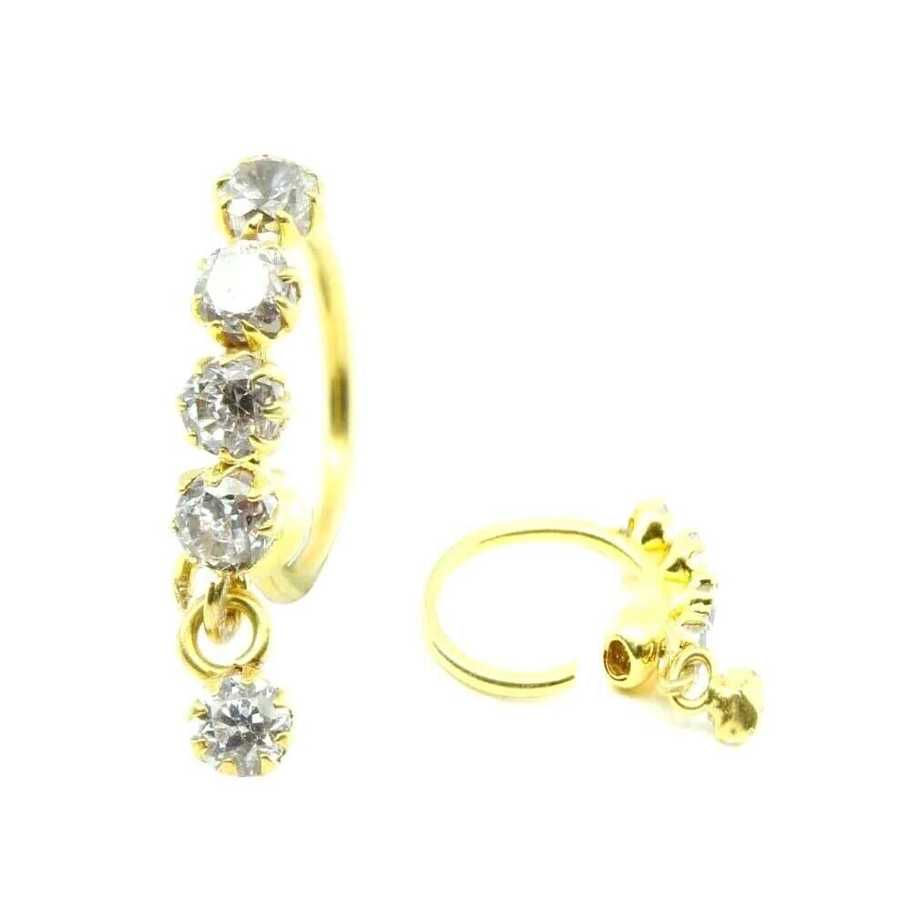 Vertical Style 4 Stone White CZ 14k Real Gold Indian nose ring Push Pin |  eBay