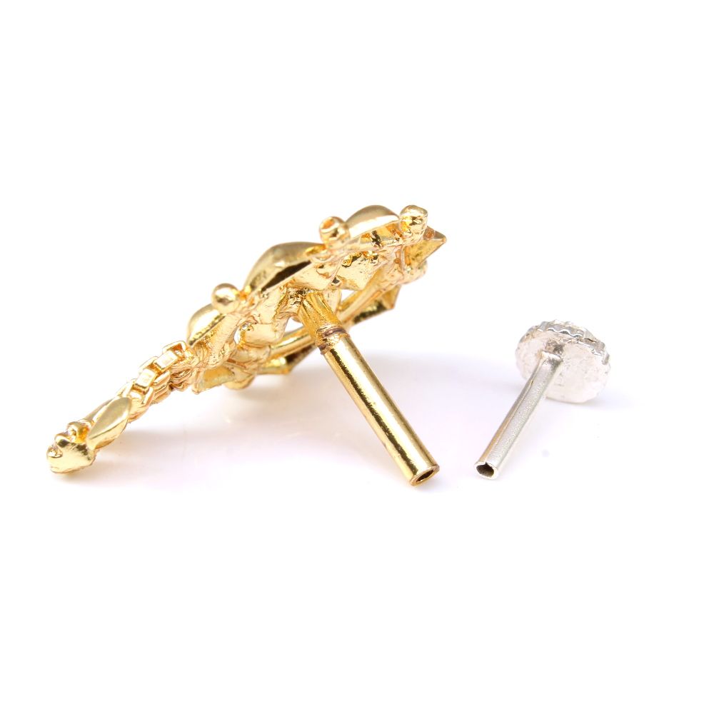 Dangle Gold Plated Indian Nose Stud White CZ Push Pin