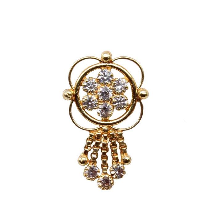 Statement Dangle Gold Plated Indian Nose Stud White CZ Push Pin