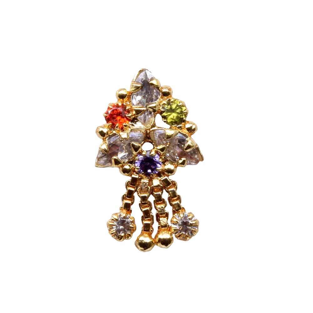 Multicolor Dangle Gold Plated Indian Nose Stud CZ Push Pin