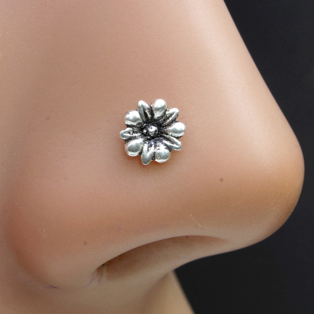 Ethnic Flower Sterling Silver nose stud Oxidized Corkscrew nose ring L bend 22g