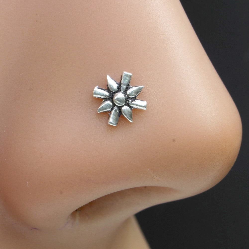 Indian Flower Sterling Silver nose stud Oxidized Corkscrew nose ring L bend 22g