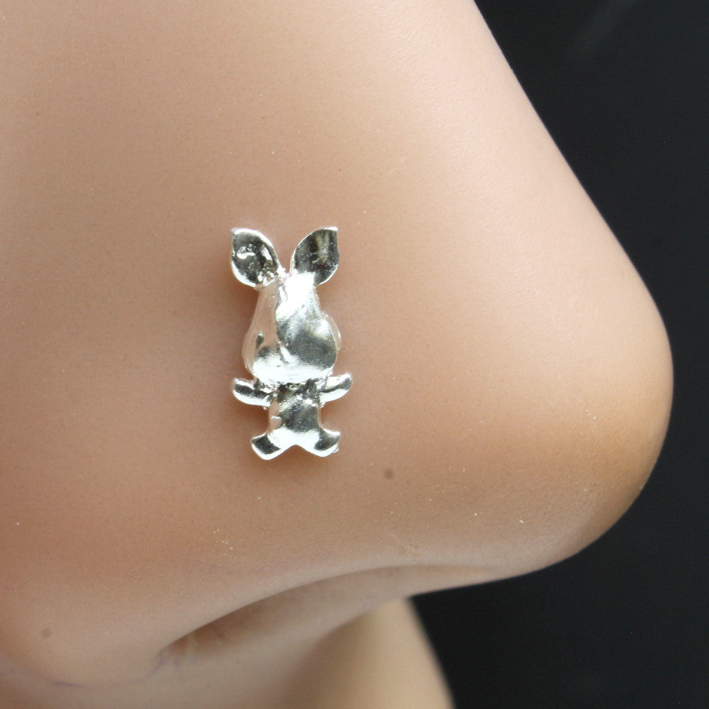 Cute Rabbit Real Sterling Silver nose stud Corkscrew nose ring L bend 22g