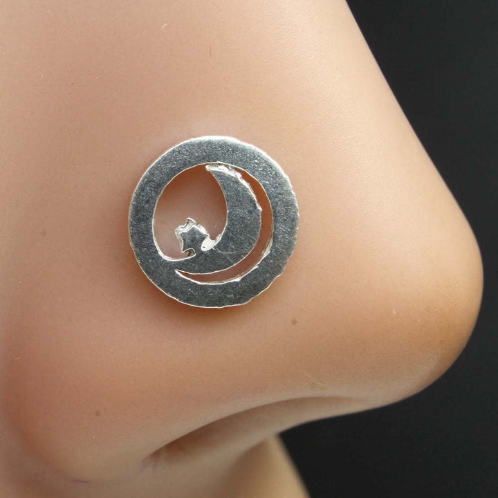 Real Sterling Silver Moon And Star nose stud Corkscrew nose ring L bend 22g