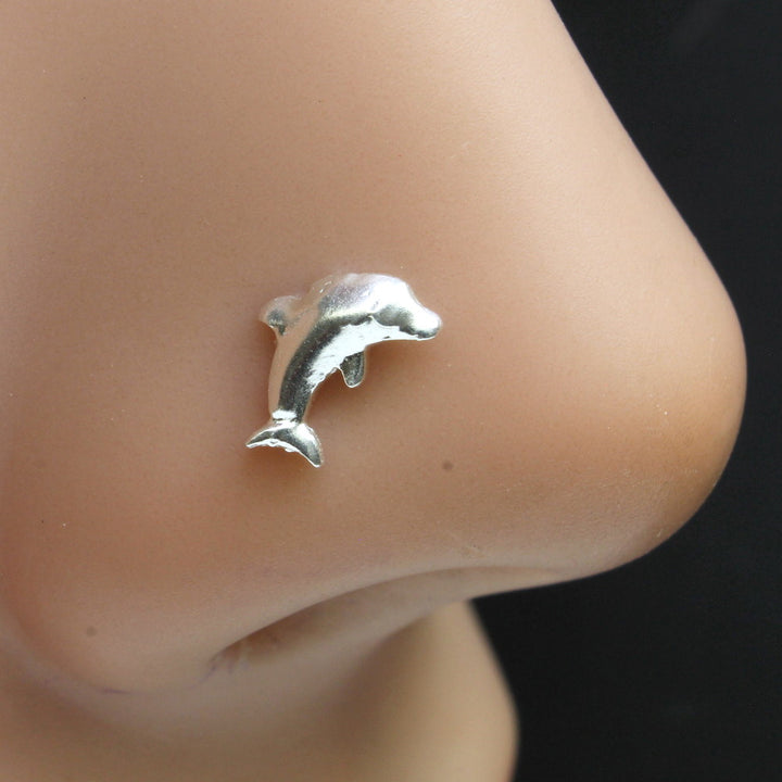 Real Sterling Silver Dolphin nose stud Corkscrew nose ring L bend 22g