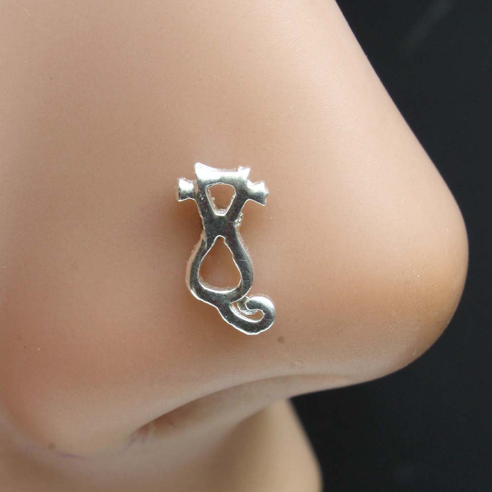Cute Cat Real Sterling Silver nose stud Corkscrew nose ring L bend 22g