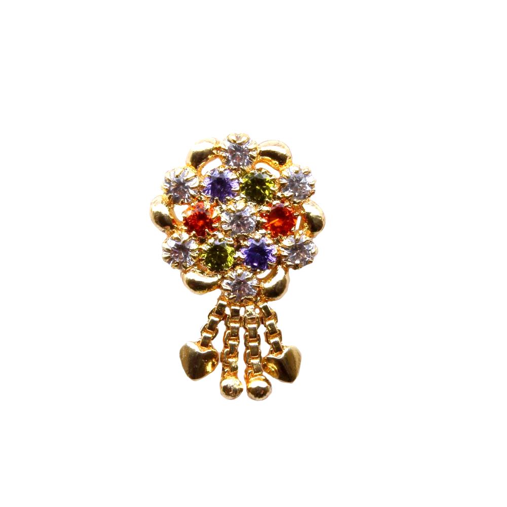 Ethnic Dangle Multicolor CZ Gold Plated Indian Nose Stud Push Pin
