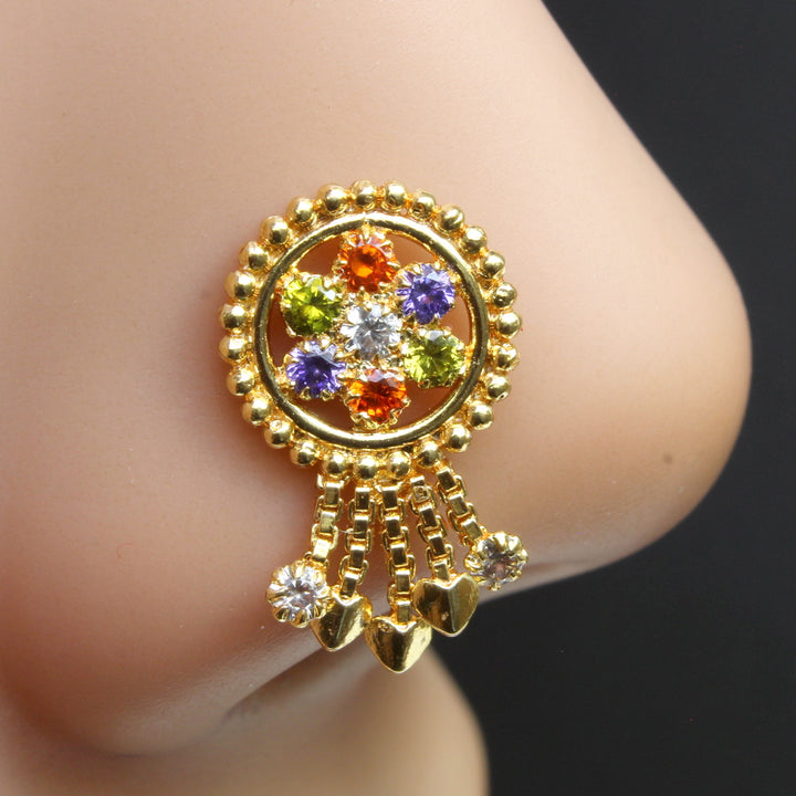 Indian Dangle Multicolor CZ Gold Plated Nose Stud Push Pin