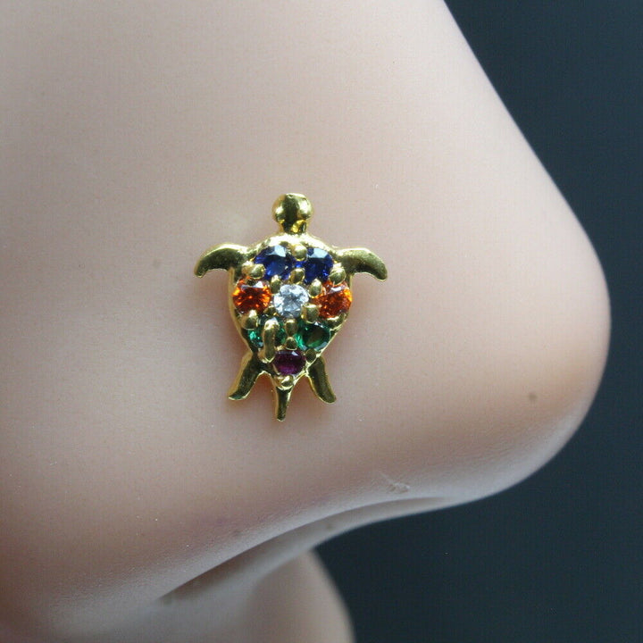 Turtle Nose ring Multi-color CZ studded gold plated Piercing Nose stud push pin