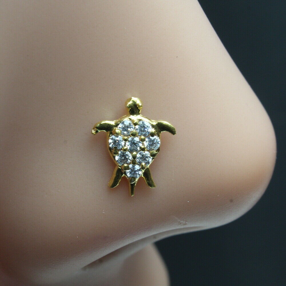 Indian Turtle Nose ring White CZ studded gold plated Piercing Nose stud push pin