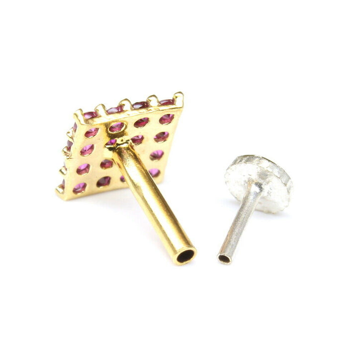 Ethnic Square Nose ring Pink CZ studded gold plated Piercing Nose stud push pin