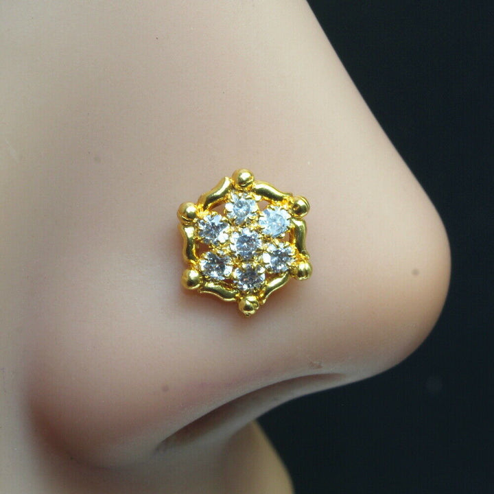 16g Indian Nose ring White CZ gold plated Piercing Nose stud push pin