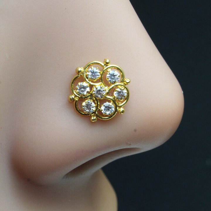 16g Indian Nose ring White CZ gold plated Piercing Nose stud push pin