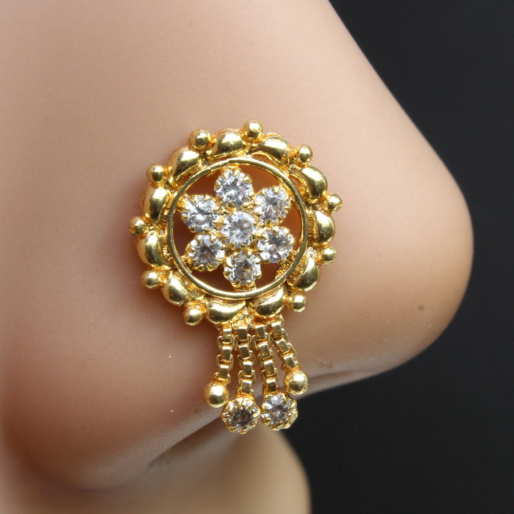 Big Dangle White CZ Gold Plated Indian Nose Stud Push Pin
