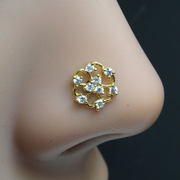 Gold Plated Indian Wheel Nose Stud CZ corkscrew piercing nose ring