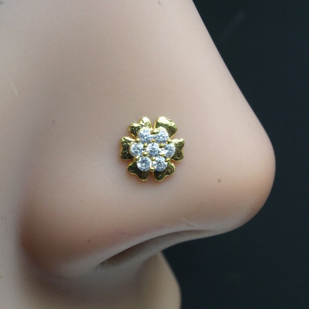 Gold Plated Indian Nose Studs CZ corkscrew piercing nose ring