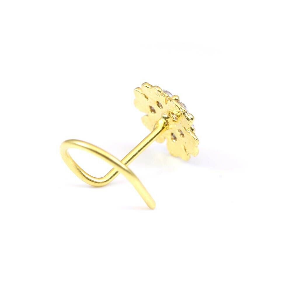 Gold Plated Indian Nose Studs CZ corkscrew piercing nose ring