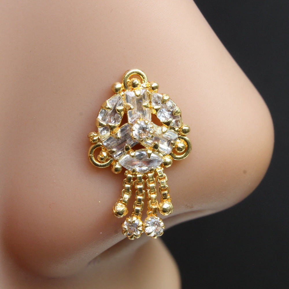 Ethnic Dangle Indian White CZ Gold Plated Nose Stud Push Pin