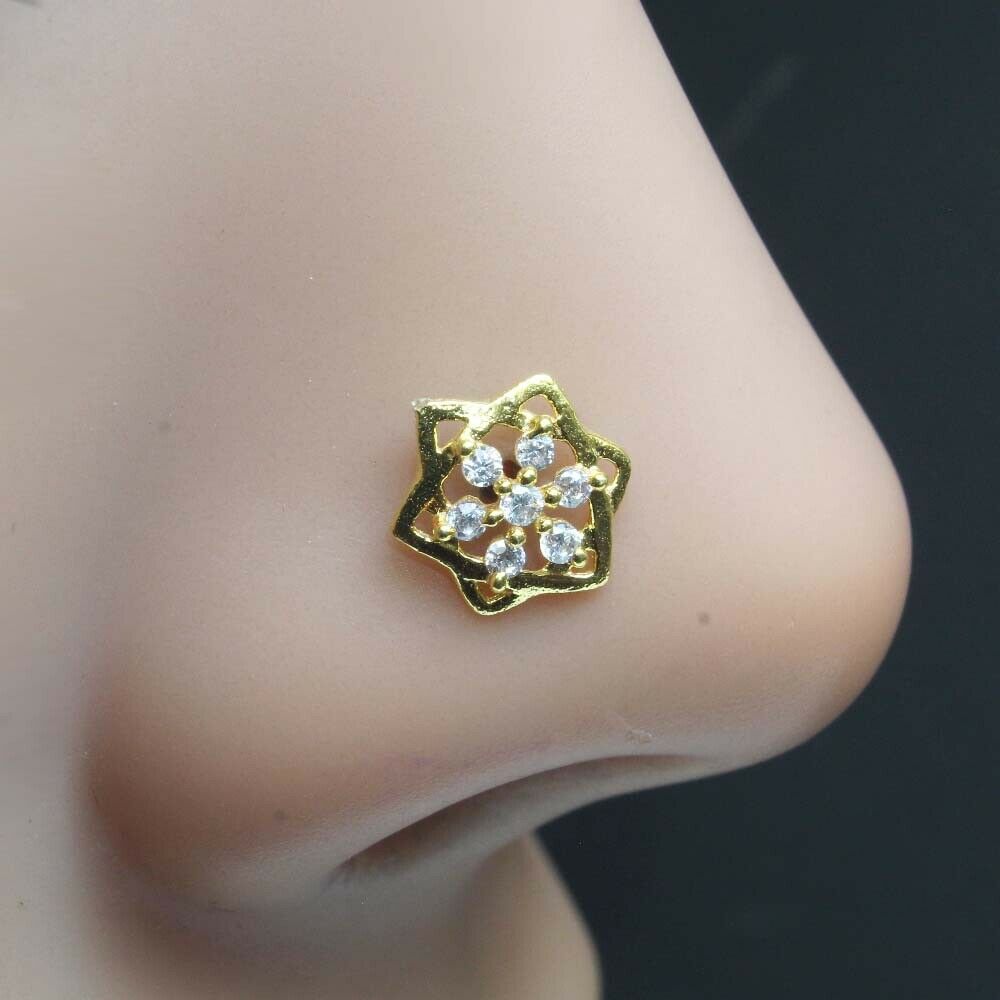 Gold Plated Indian white Nose Stud CZ corkscrew piercing nose ring