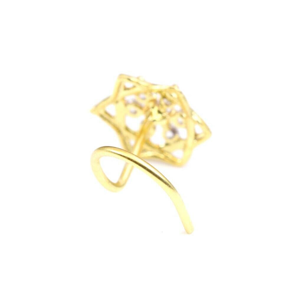 Gold Plated Indian white Nose Stud CZ corkscrew piercing nose ring