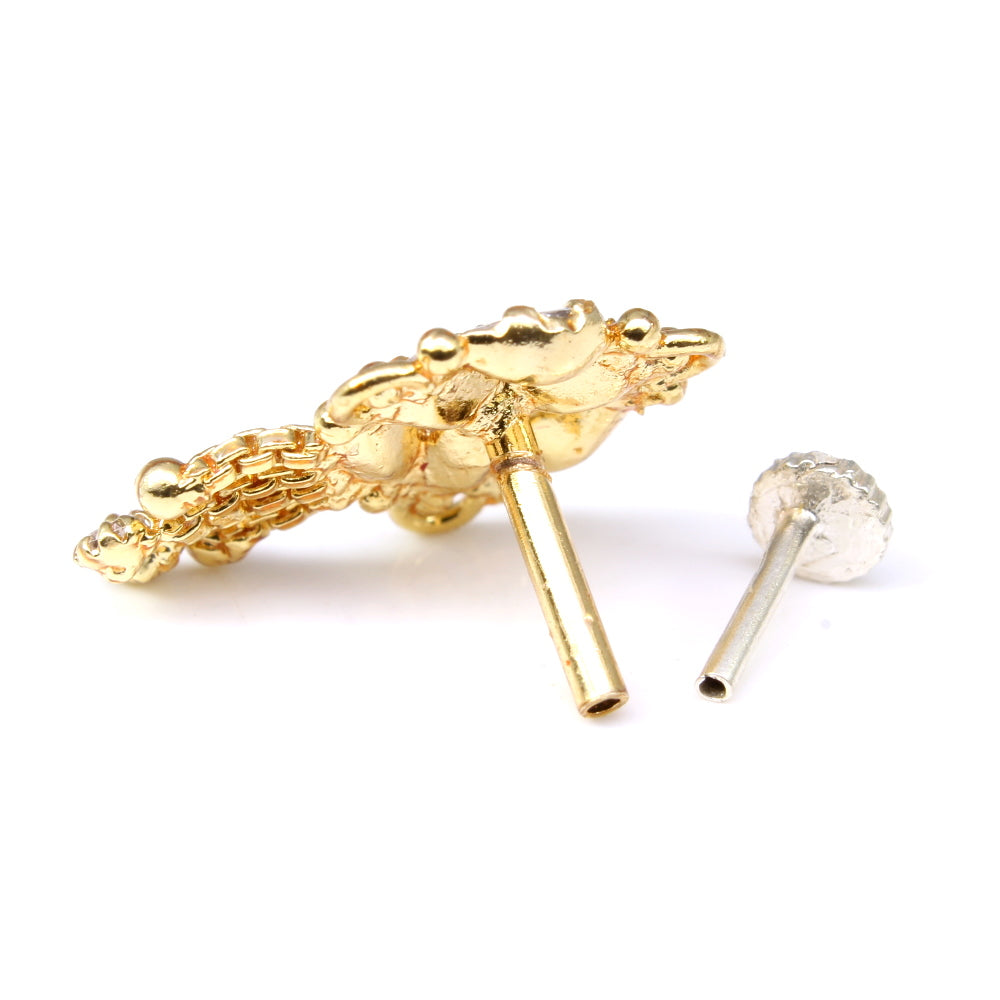 Ethnic Dangle Indian White CZ Gold Plated Nose Stud Push Pin