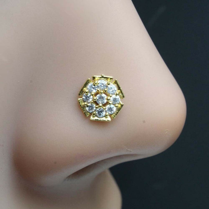 Gold Plated Indian Flower Nose Stud CZ corkscrew piercing nose ring