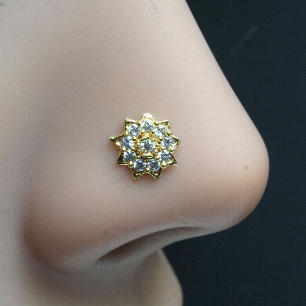 Sun gold Plated Indian Nose Studs CZ corkscrew piercing nose ring