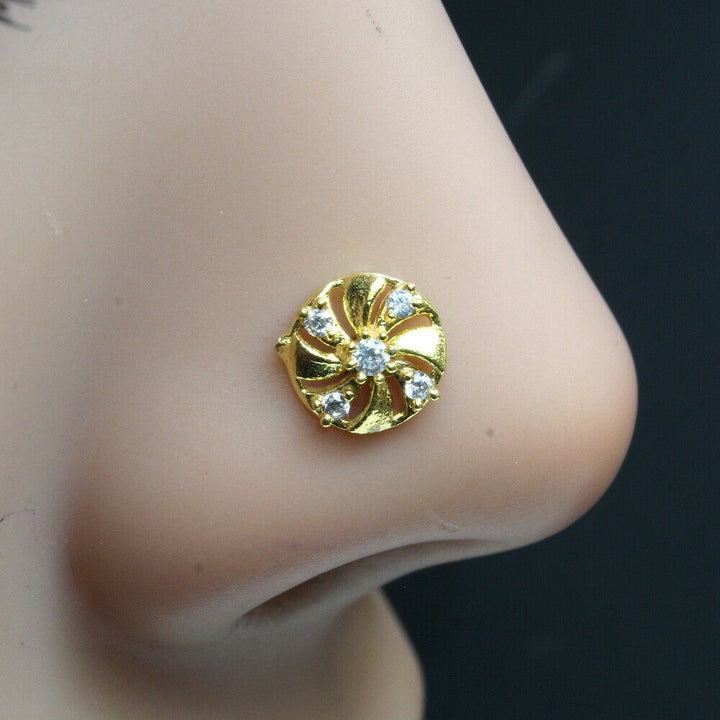 Gold Plated Indian Wheel Nose Studs CZ corkscrew piercing nose ring