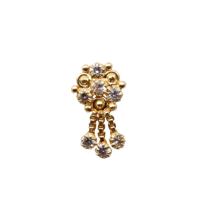 Indian Ethnic Dangle White CZ Gold Plated Nose Stud Push Pin