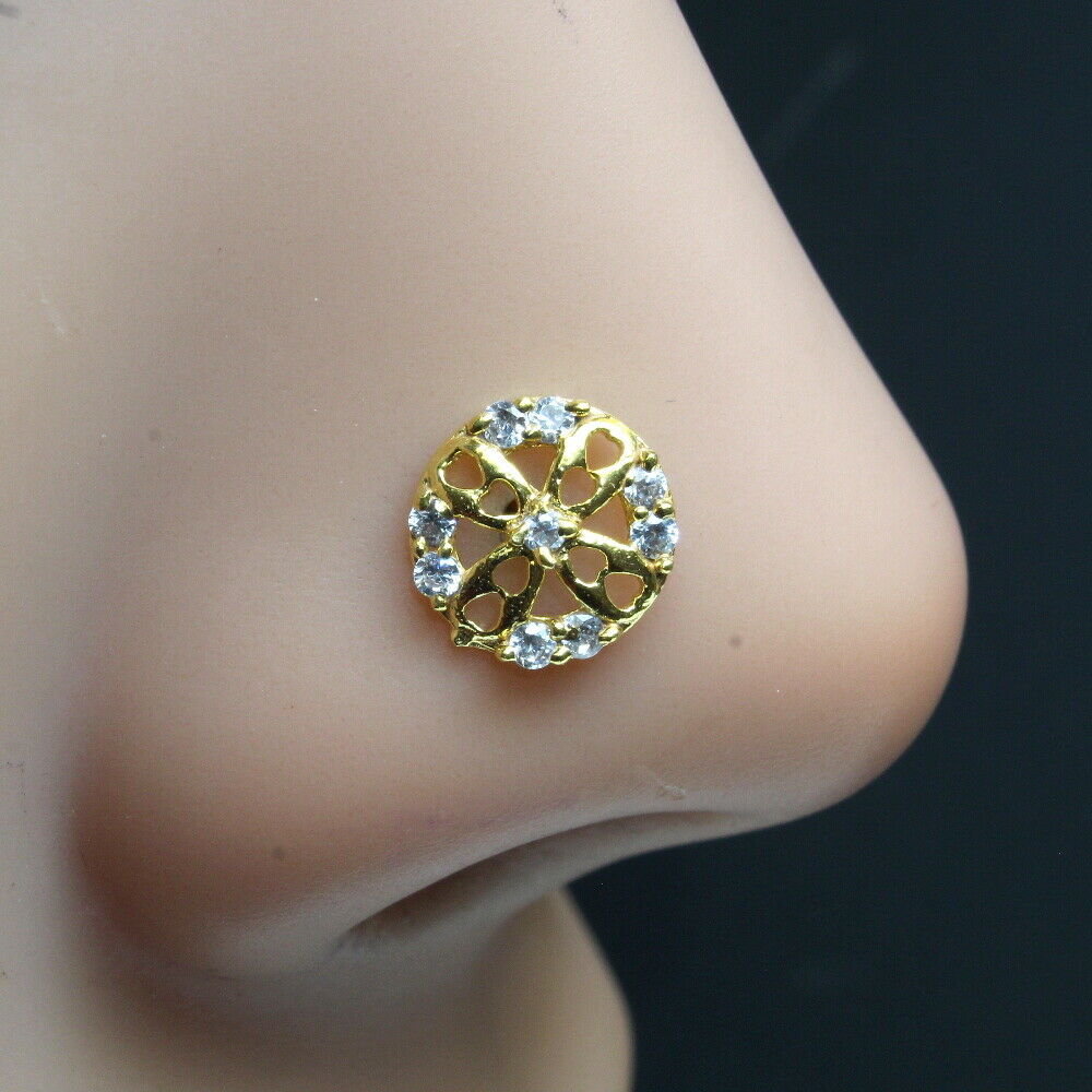 Gold Plated Indian Circle Nose Stud CZ corkscrew piercing nose ring