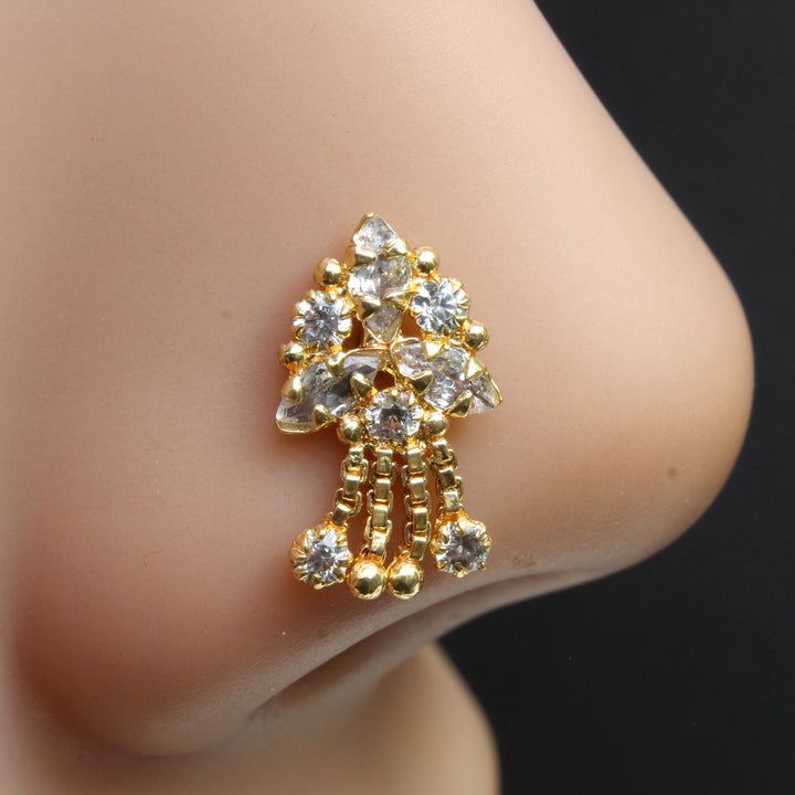 Indian style Statement Dangle White Gold Indian Nose Stud CZ Push Pin