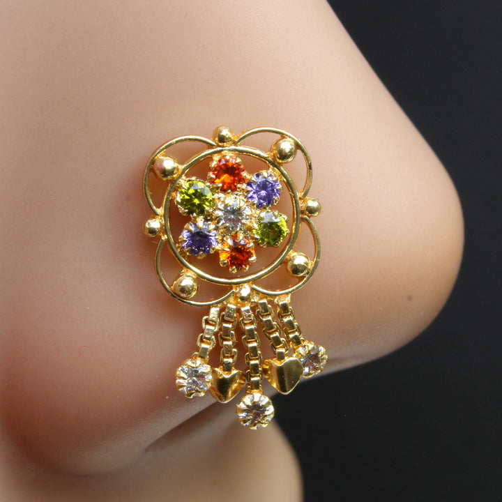 Indian style Statement Dangle Multicolor CZ Gold Plated Nose Stud Push Pin