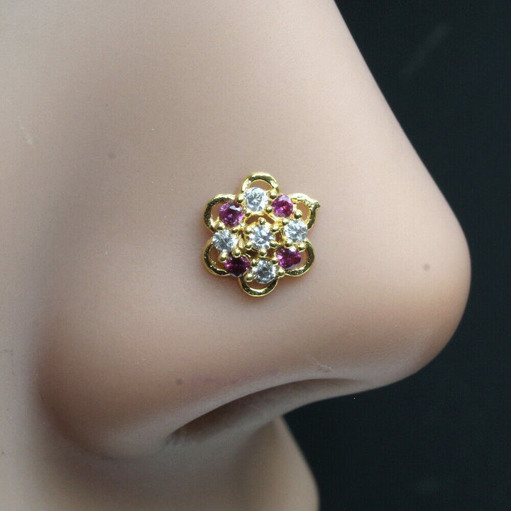 2pc Set Flower gold Plated Indian Nose Studs CZ corkscrew piercing nose ring