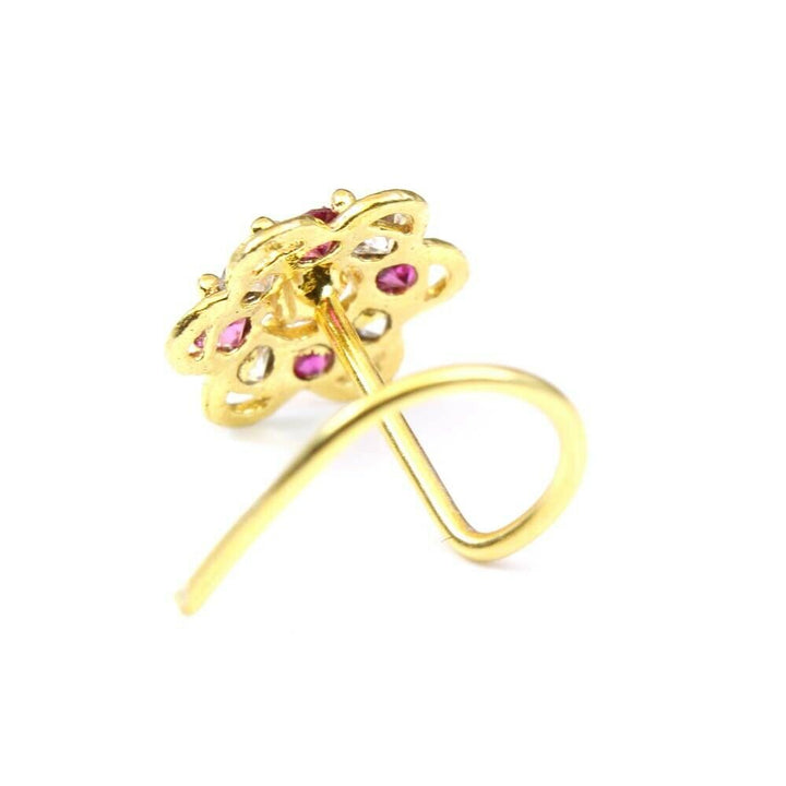 2pc Set Flower gold Plated Indian Nose Studs CZ corkscrew piercing nose ring