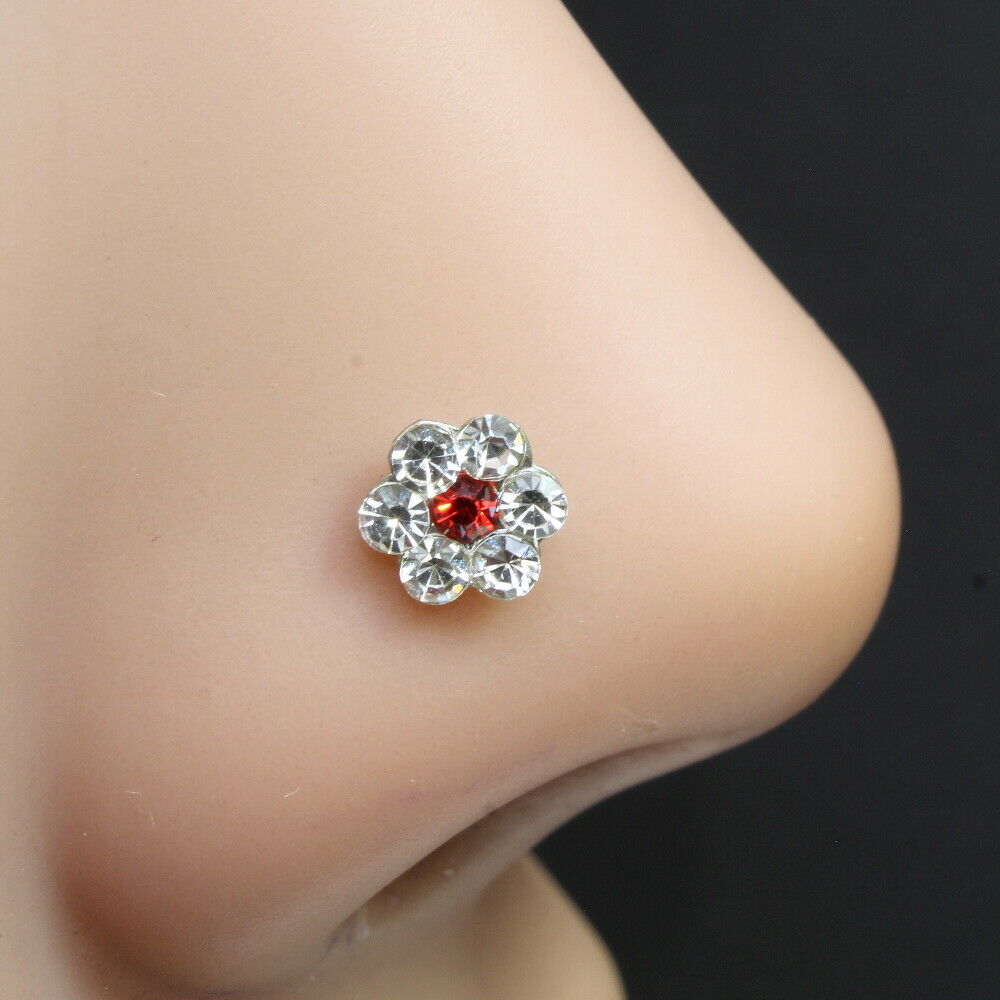 Indian style silver Plated Red white crystal Piercing Nose stud push pin
