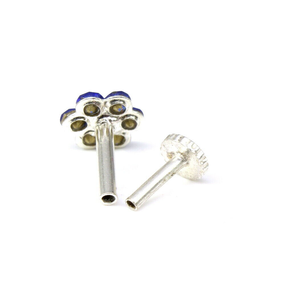 Indian style silver Plated Blue white crystal Piercing Nose stud push pin