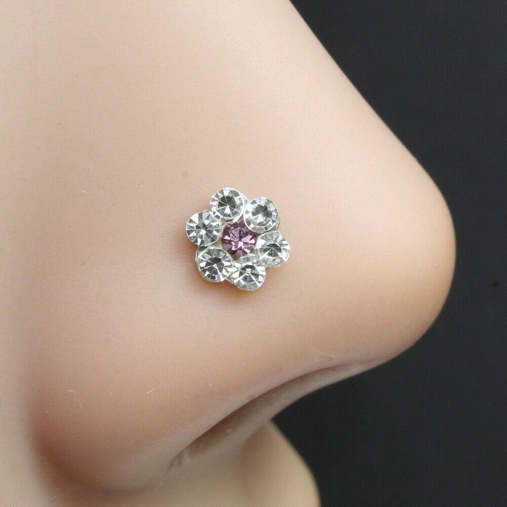 Indian style silver Plated Purple  white crystal Piercing Nose stud push pin