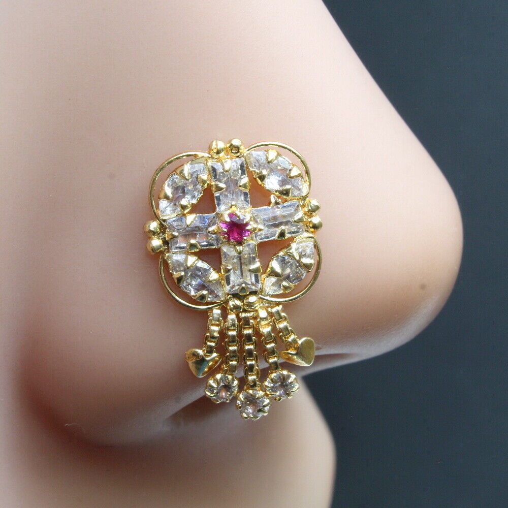 Big Dangle Pink White Gold Plated Indian Nose Stud CZ Push Pin
