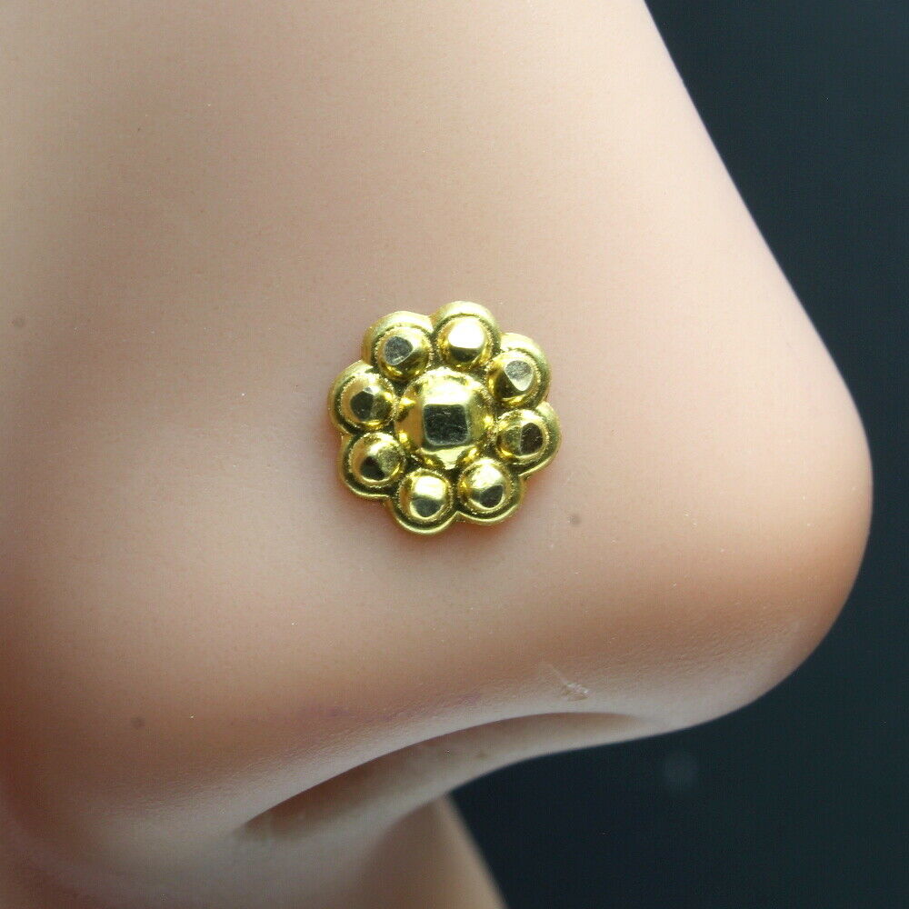 Real Gold Nose stud 14K Ethnic Indian piercing nose ring Push pin
