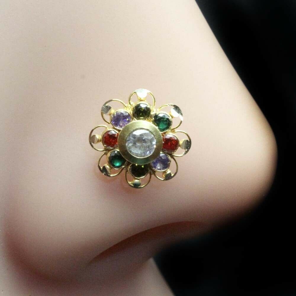 Flower Shape 14K Real Gold  Nose pin for Women with Multi-color stones  