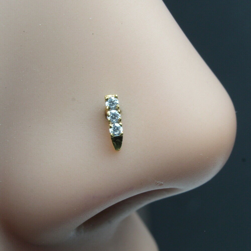 Vertical Gold Plated Indian Nose Stud, White CZ corkscrew piercing nose ring