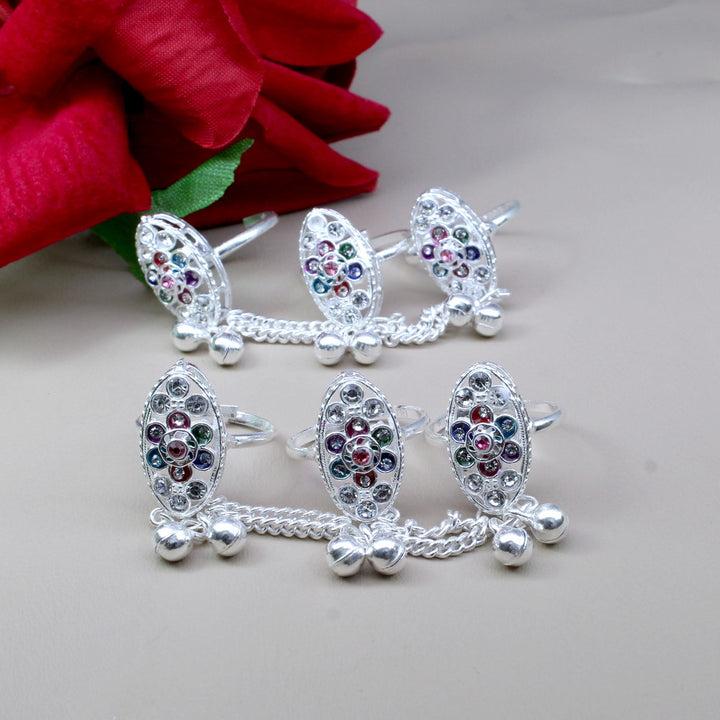 3 Finger chain wedding Handmade Crystal Enamel Toe Rings Pair Real Solid Silver