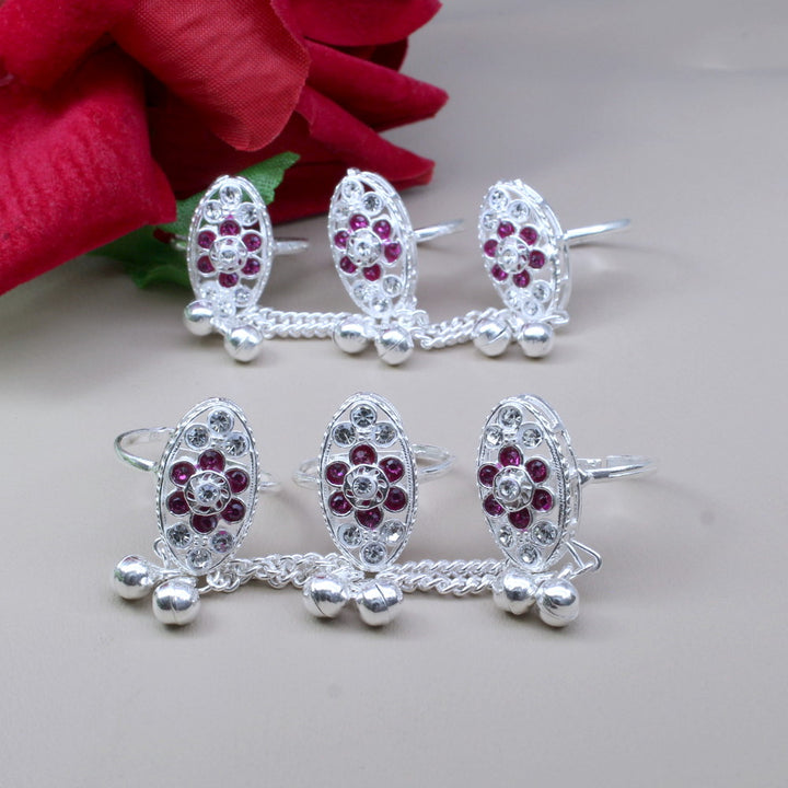 3 Finger chain wedding Handmade Crystal Enamel Toe Rings Pair Real Solid Silver