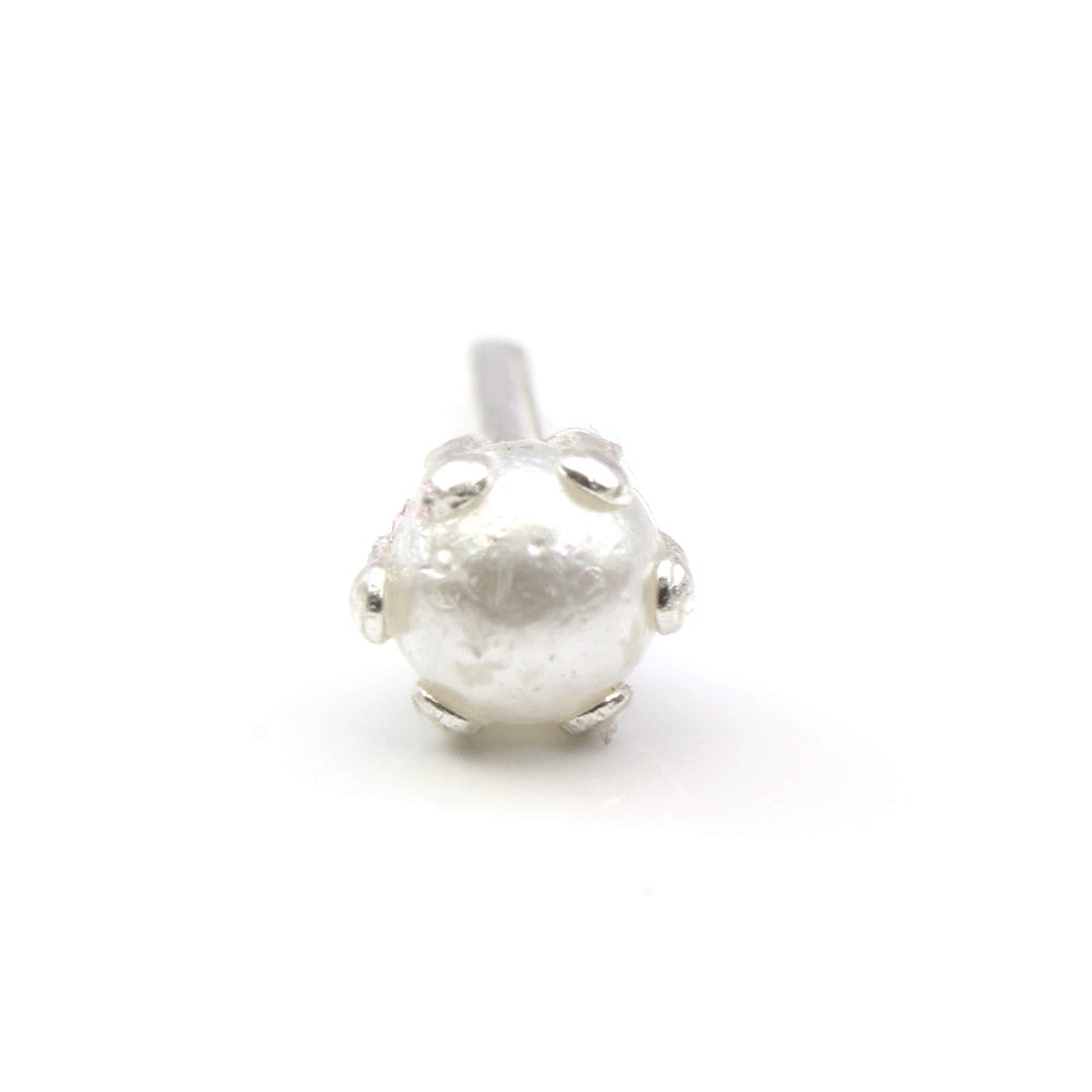 pearl silver nose stud with push pin back 