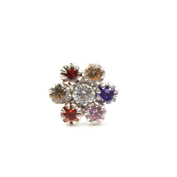 Flower 925 Sterling Silver Multi-color CZ Indian Nose ring Push Pin