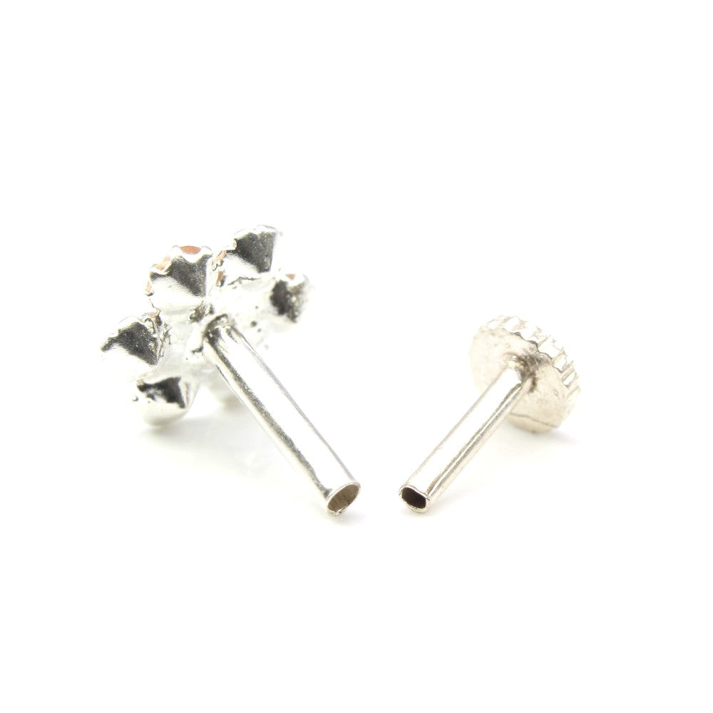 Flower 925 Sterling Silver Multi-color CZ Indian Nose ring Push Pin