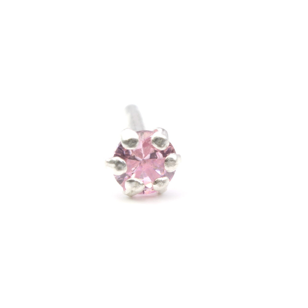 Ethnic 925 Sterling Silver Single Stone Pink CZ Indian Nose ring Push Pin