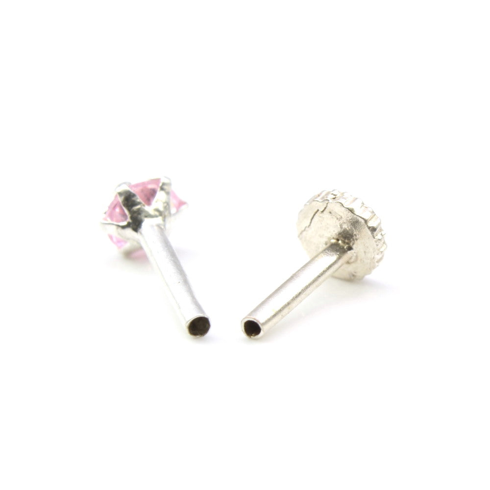 Ethnic 925 Sterling Silver Single Stone Pink CZ Indian Nose ring Push Pin
